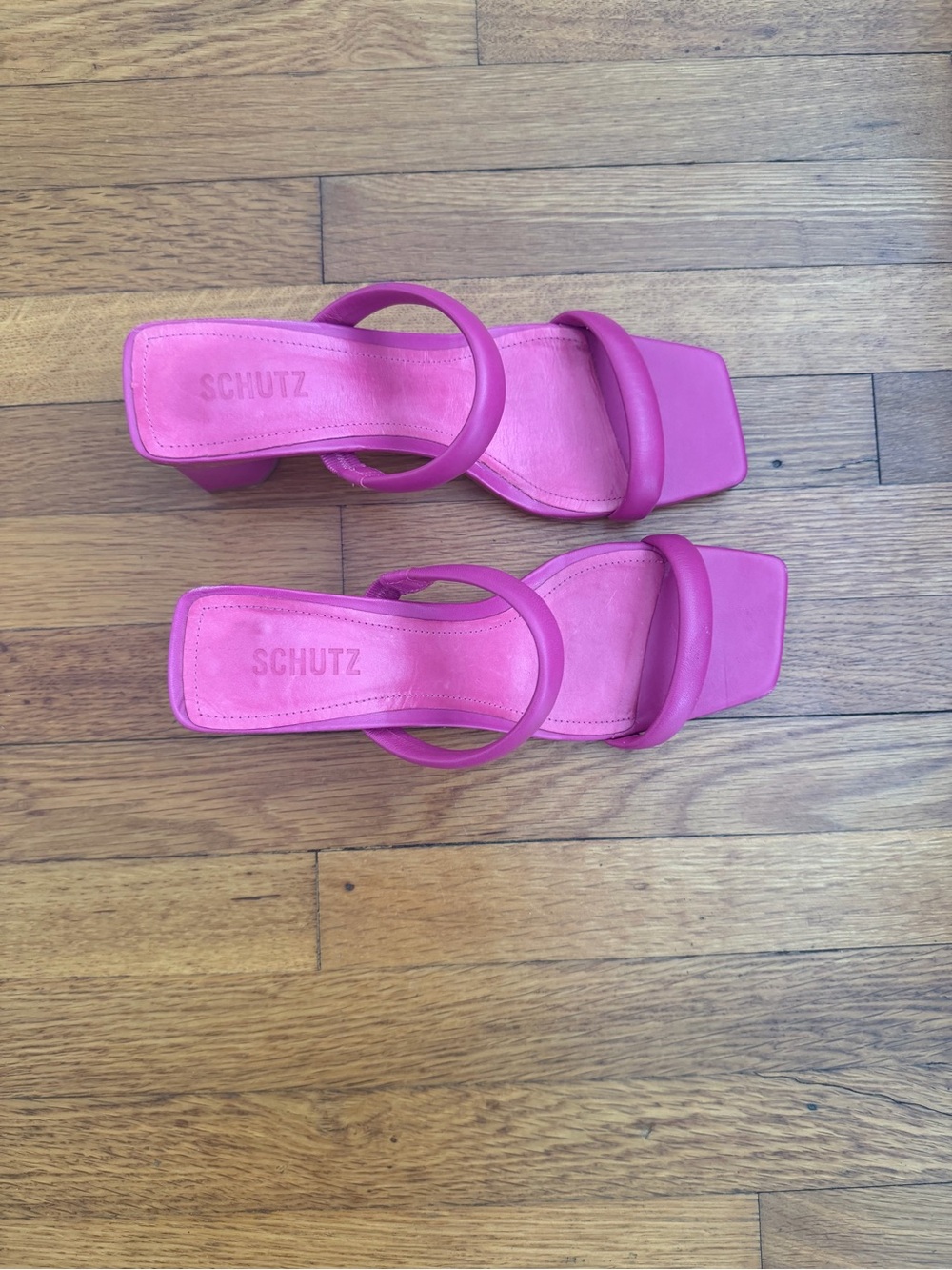 SCHUTZ Hot Pink Double-Strap Square-Toe Block Heel Sandals